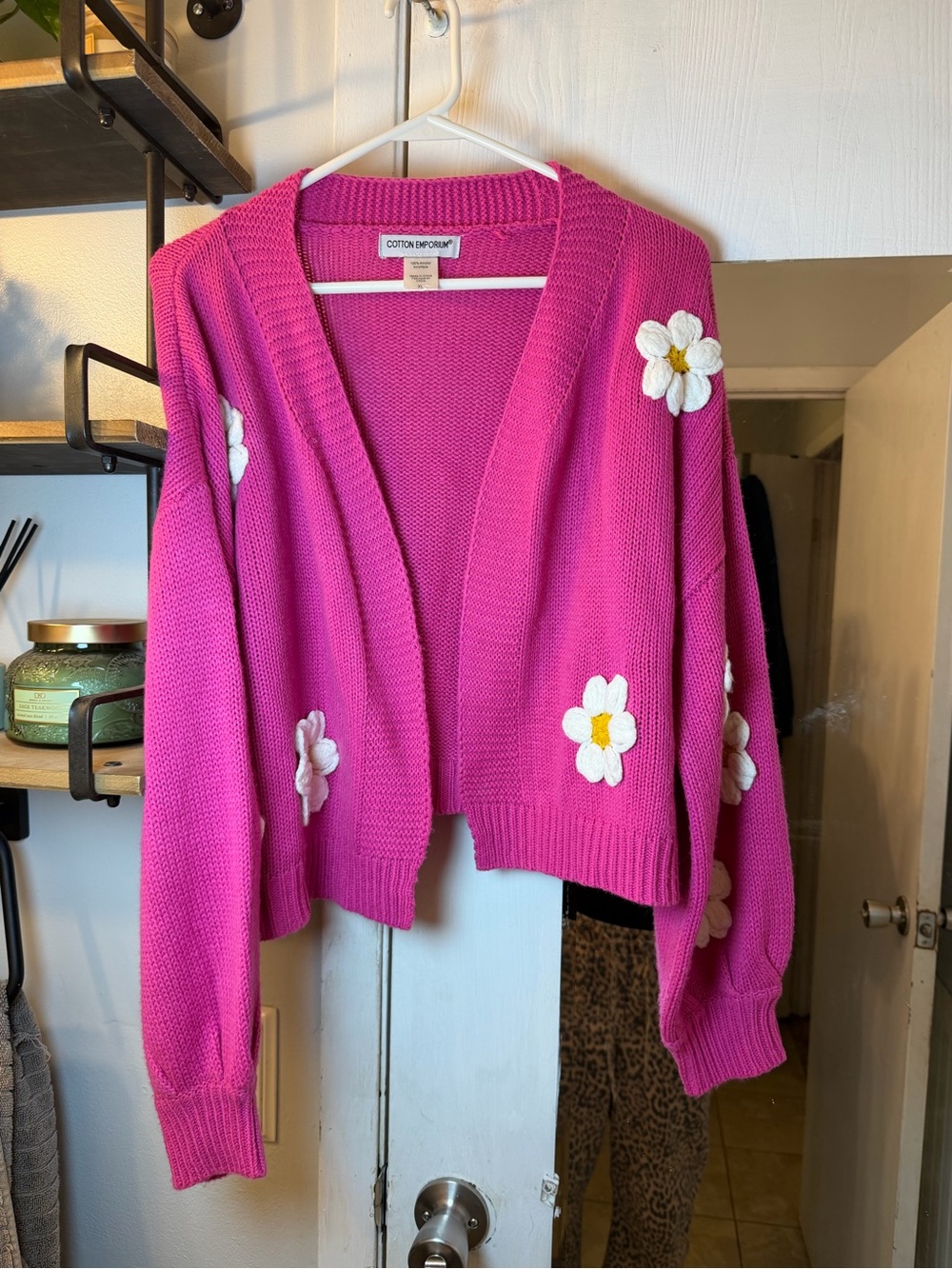 Cotton Emporium Hot Pink Daisy Appliqué Open Cardigan